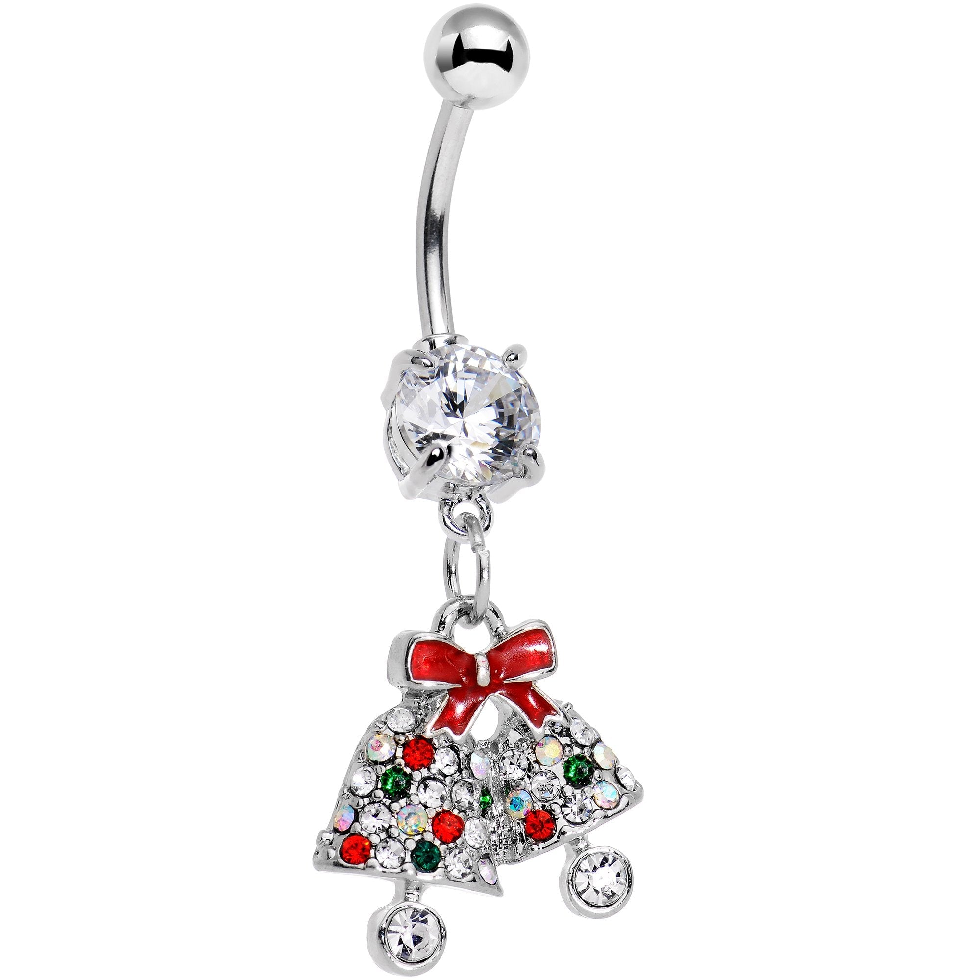 BodyCandy Clear Gem Red Bow Ring Ding Ding Christmas Bells Dangle Belly Ring — main product shot