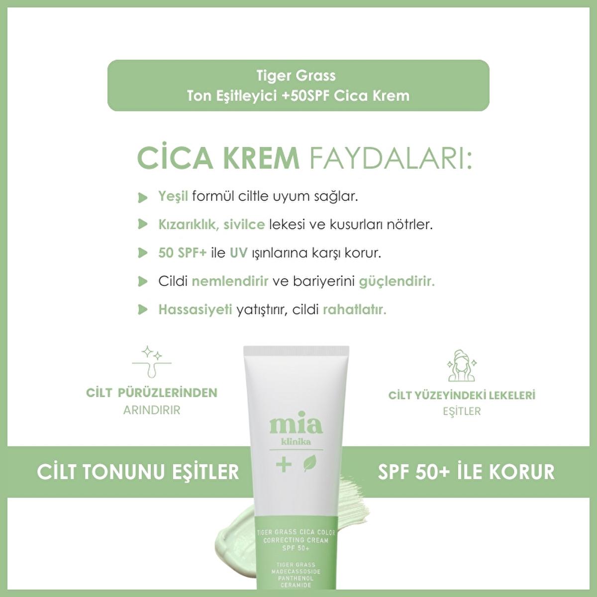 Mia Klinika Cica Cream SPF 50+ - Tiger Grass Tone Evening Cream for Sensitive Skin, Natural Coverage & Daily Sun Protection