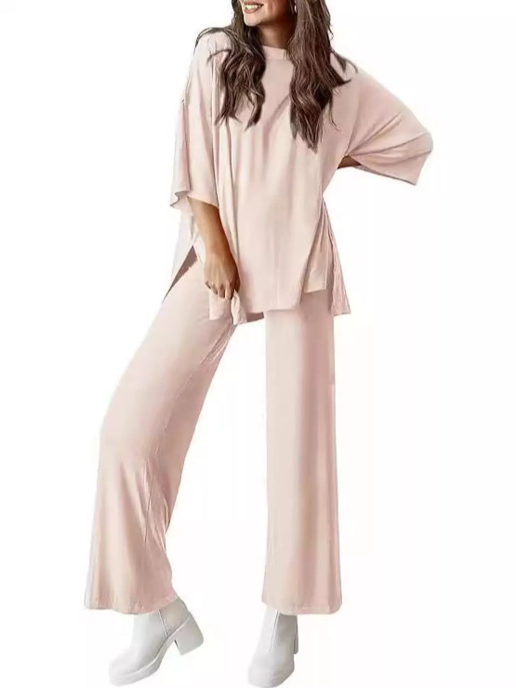 Relaxed Fit Round Neck Top and Pants Two-Piece Set
