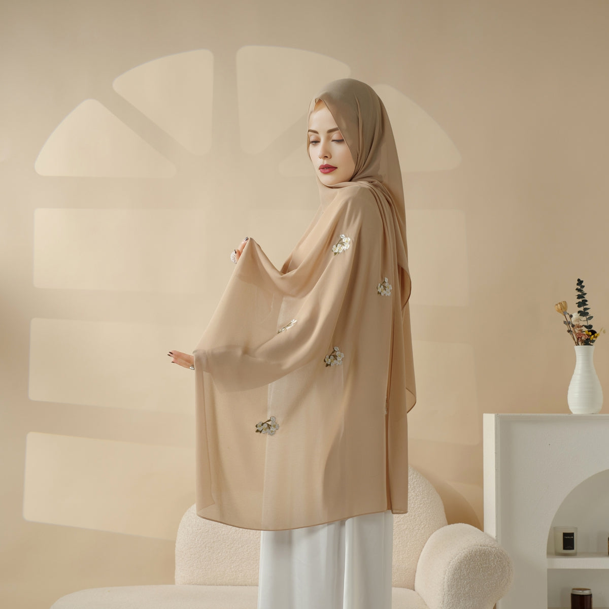 Mariam's Collection Plain Chiffon Shawl Hijab With Embroidery, Extra-Fine Embroidered Hijab (MH077) — construction detail