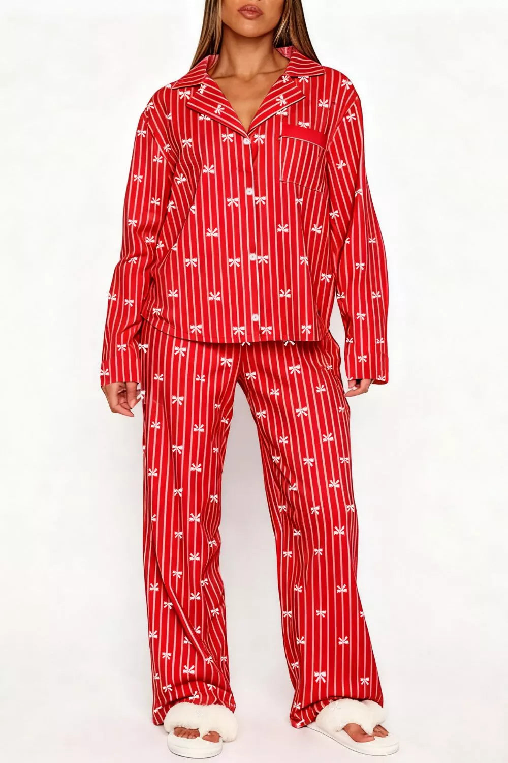 Bow Print Top and Wide Leg Pants Lounge Set