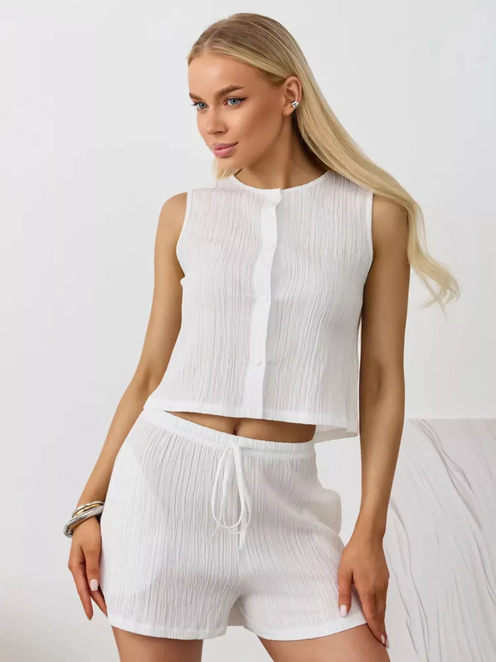 Textured Round Neck Tank and Shorts Set