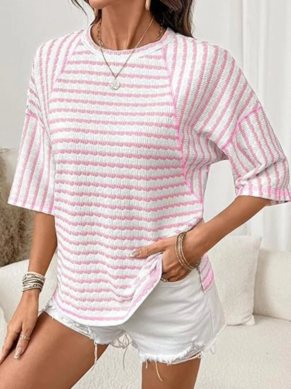 Striped Knit Round Neck T-Shirt