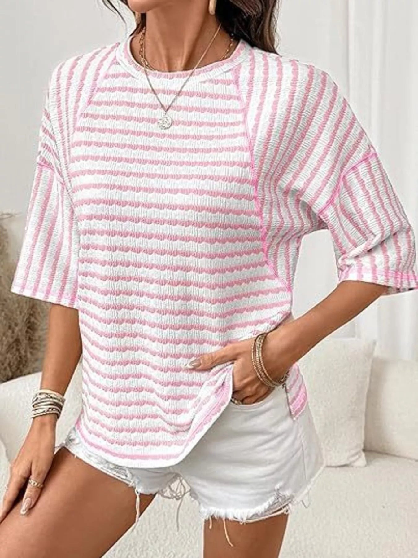 Striped Knit Round Neck T-Shirt