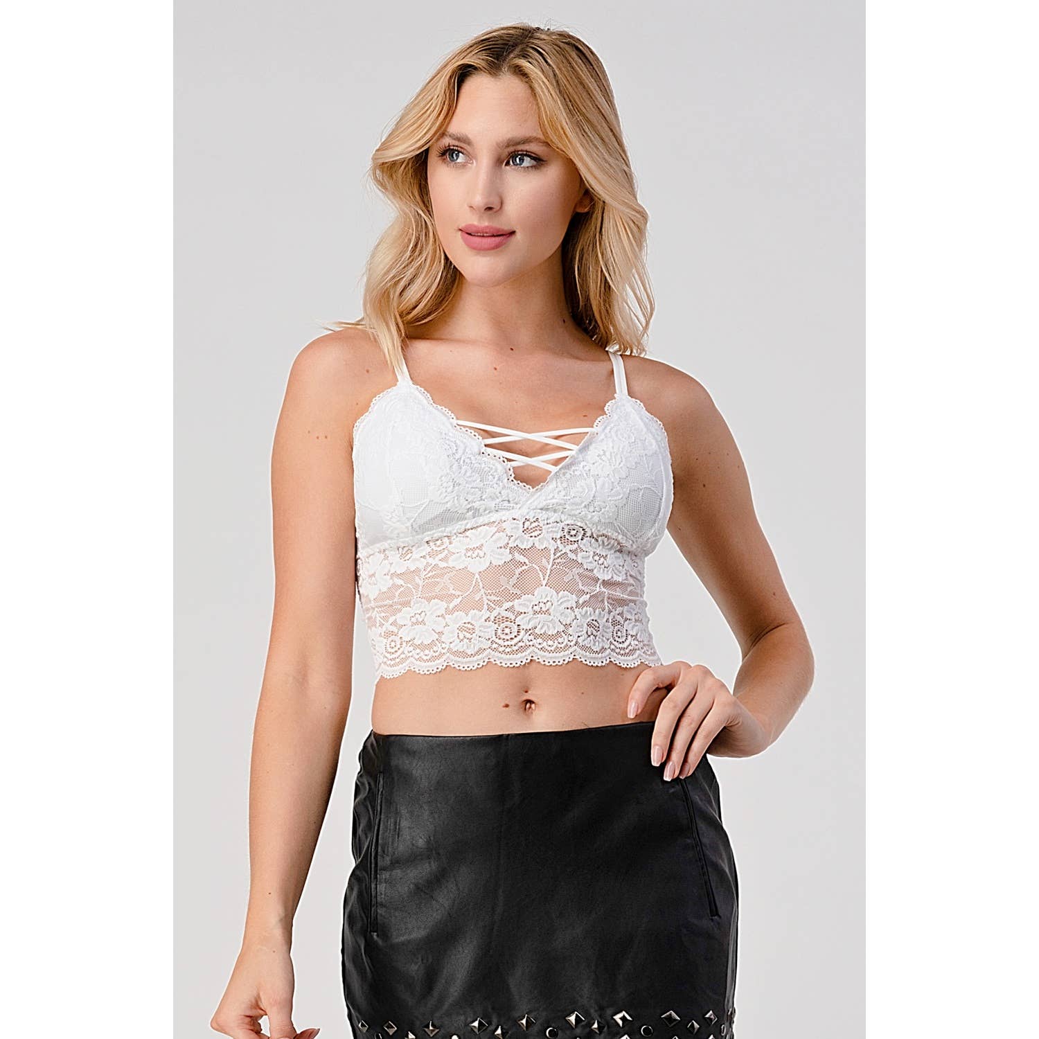 MWBW Apparel and More SPAGHETTI STRAP STRING DETAIL LACE CROP BRACELETTE — lifestyle context