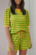 Striped Puff Sleeve Top and Drawstring Shorts Set