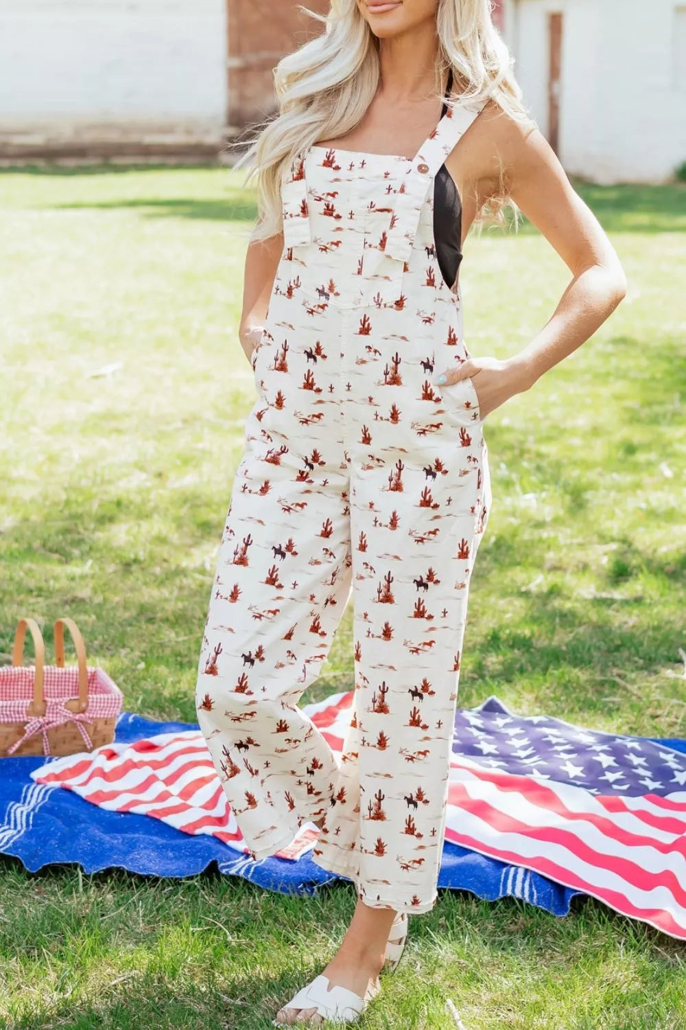 Western Printed Button Adjustable Straps Loose Jumpsuit
