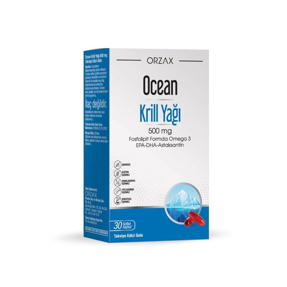 Ocean Krill Oil Supplement - 500 mg Omega-3 Fatty Acids, EPA DHA, Astaxanthin - 30 Softgel Capsules