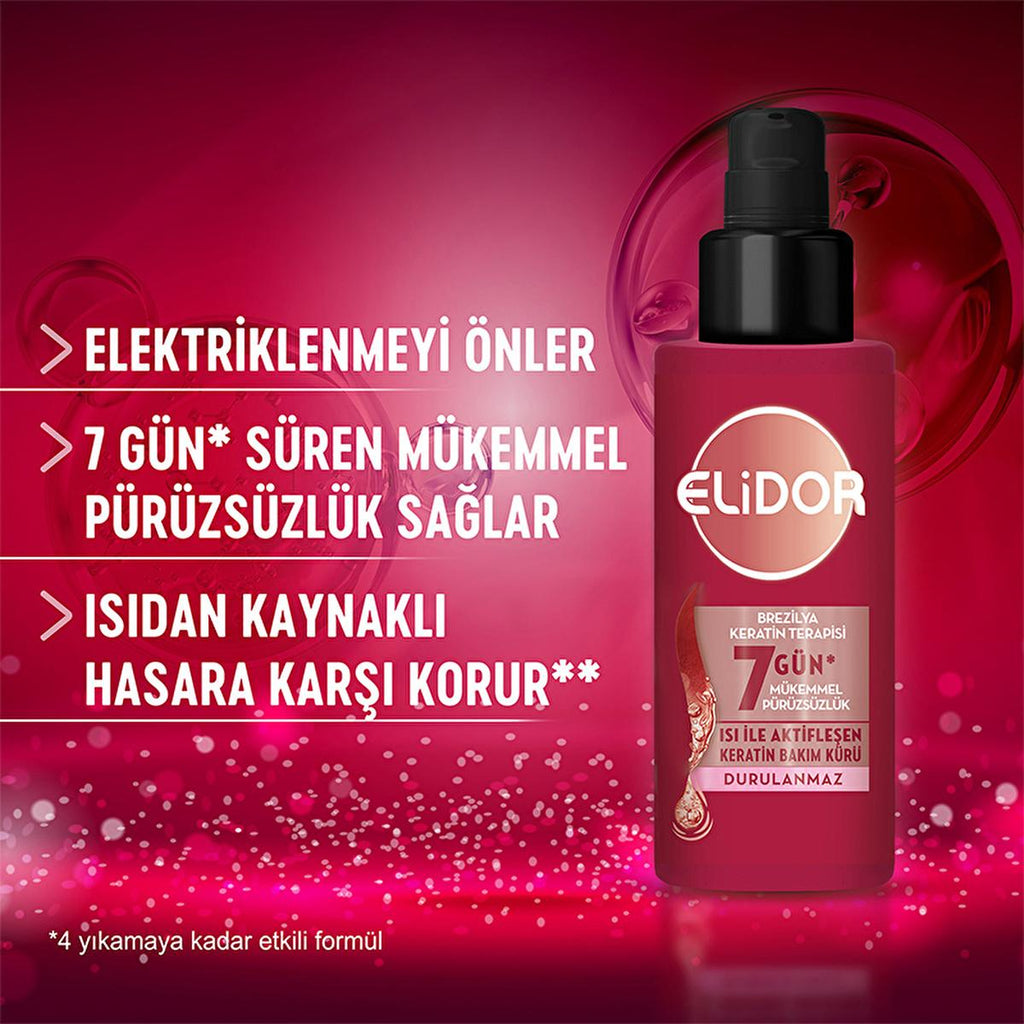 Elidor Brazilian Keratin Therapy Heat Activated Hair Treatment - Smooths Frizz, Repairs Damage, & Straightens - Keratin & Marula Oil Infused, 90ml