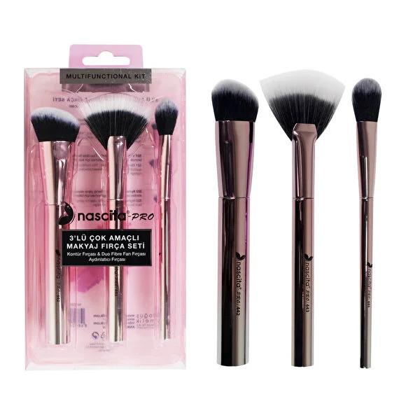 Nascita 3-Piece Makeup Brush Set - Metallic Multi-Purpose Contour, Duo Fibre & Highlighter Brushes for Beauty Enthusiasts