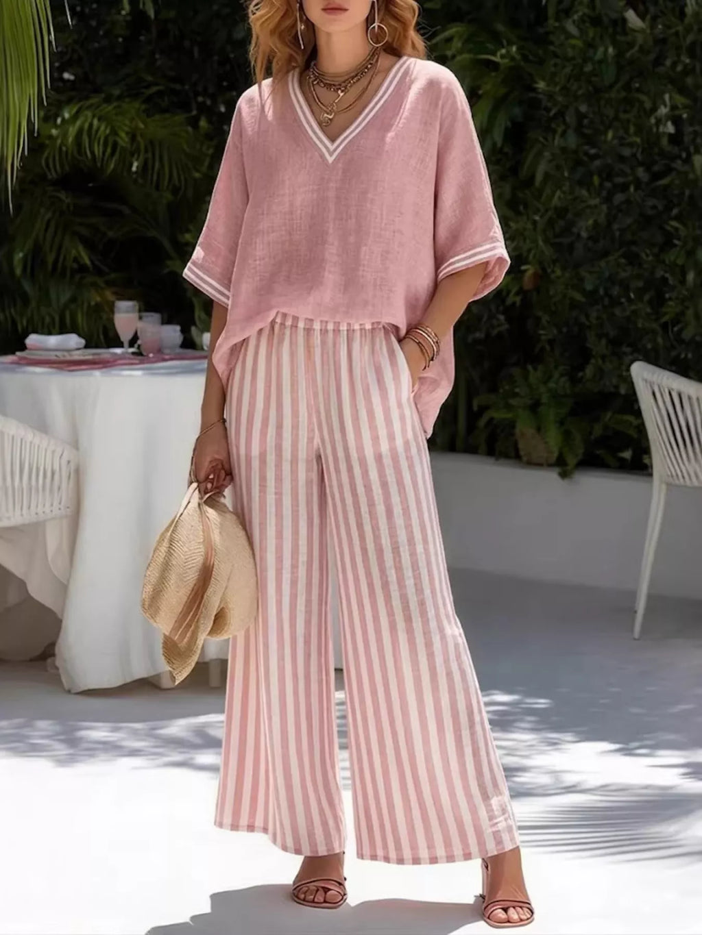Full Size Striped V-Neck Top and Wide Leg Pants Set Plus Size