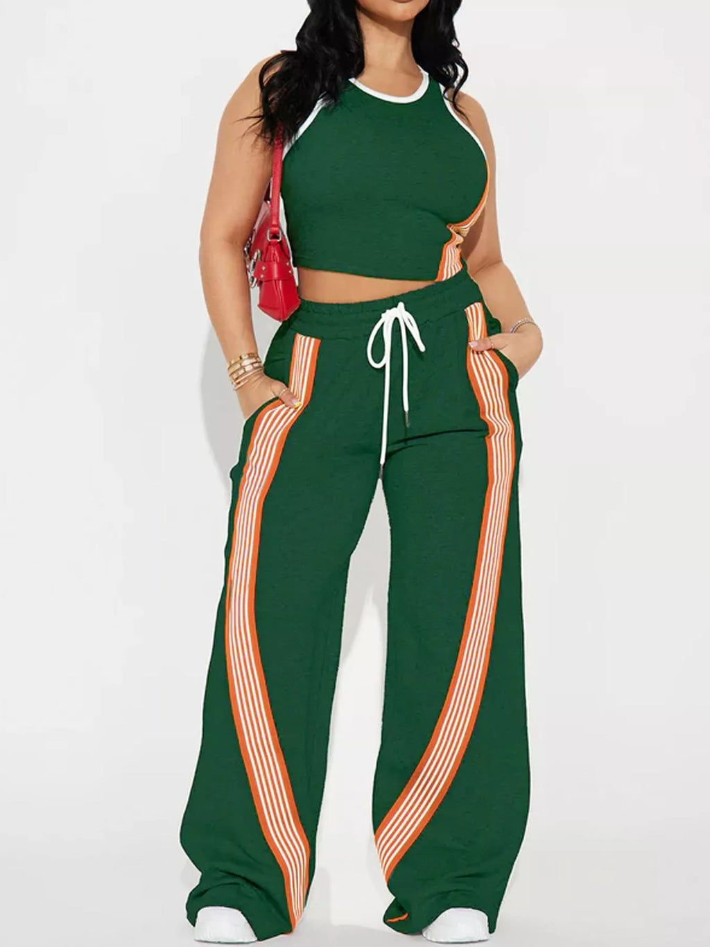 Striped Detail Top and Drawstring Pants Set