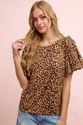 BiBi Leopard Printed Spandex Jersey Ruffle Sleeve Top