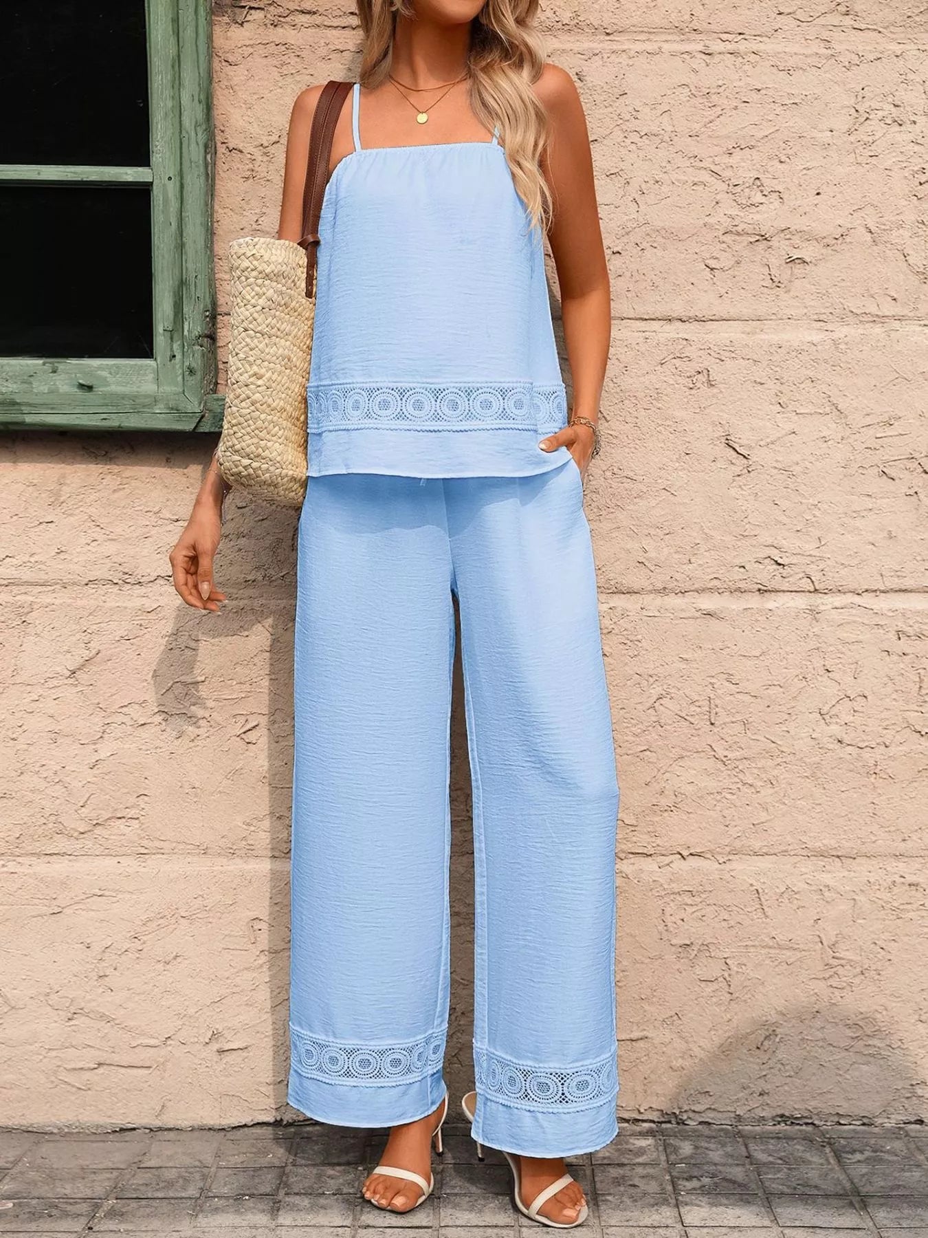 Lace Trim Cami and Wide Leg Pants Set