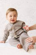 Dear Hayden Merino Wool Baby Cardigan in Heather Brown — main product shot