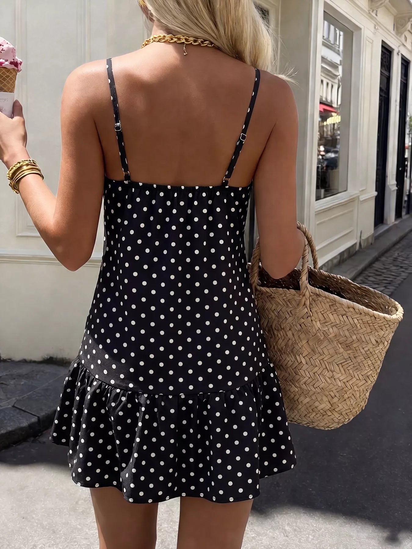 Polka Dot Ruffle Hem Spaghetti Strap Dress