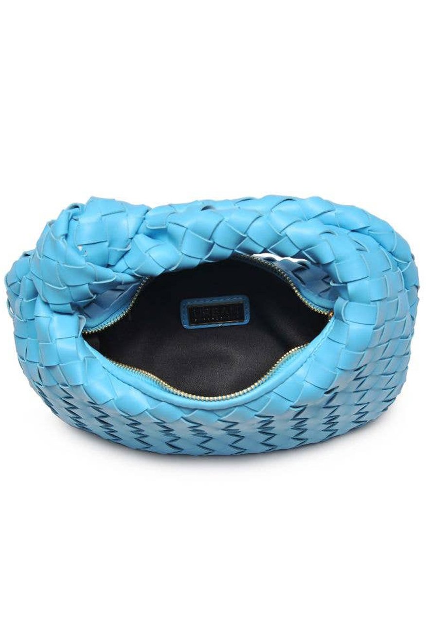 Pretty Little Patriot Pretty Little Patriot Blue Woven Vegan Leather Clutch — Pretty Little Patriot branding close-up