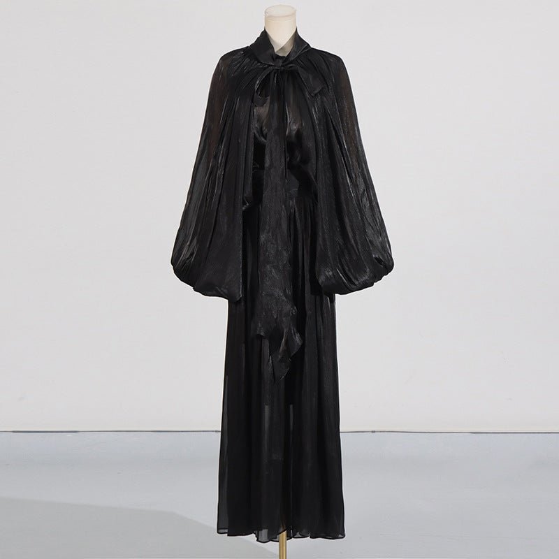 Balloon Sleeve Tie-Neck Maxi Dress(MS303)