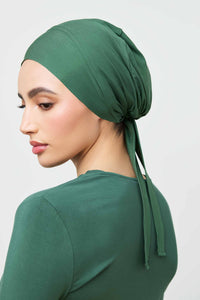 Bamboo Jersey Silk Lined Tie Back Undercap - Cilantro Veiled 