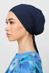 Bamboo Jersey Silk Lined Tie Back Undercap - Navy Veiled 