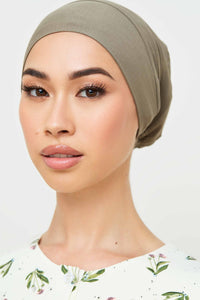 Bamboo Jersey Silk Lined Tie Back Undercap - Smokey Olive Veiled 
