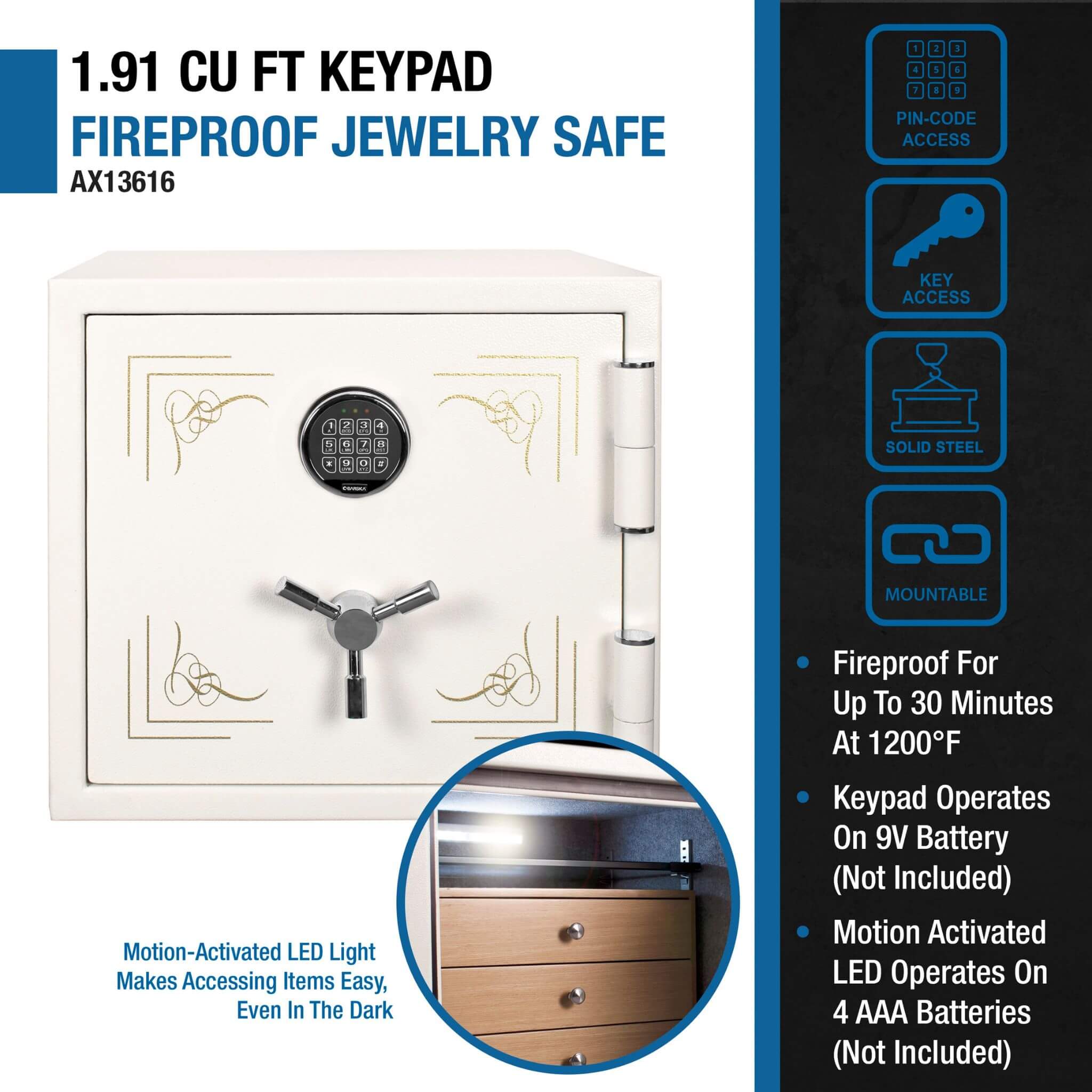 Barska 1.91 CF White Fireproof Jewelry Safe With Digital Keypad Lock (SAK42861) – SAKSBY WHOLESALE, view 10