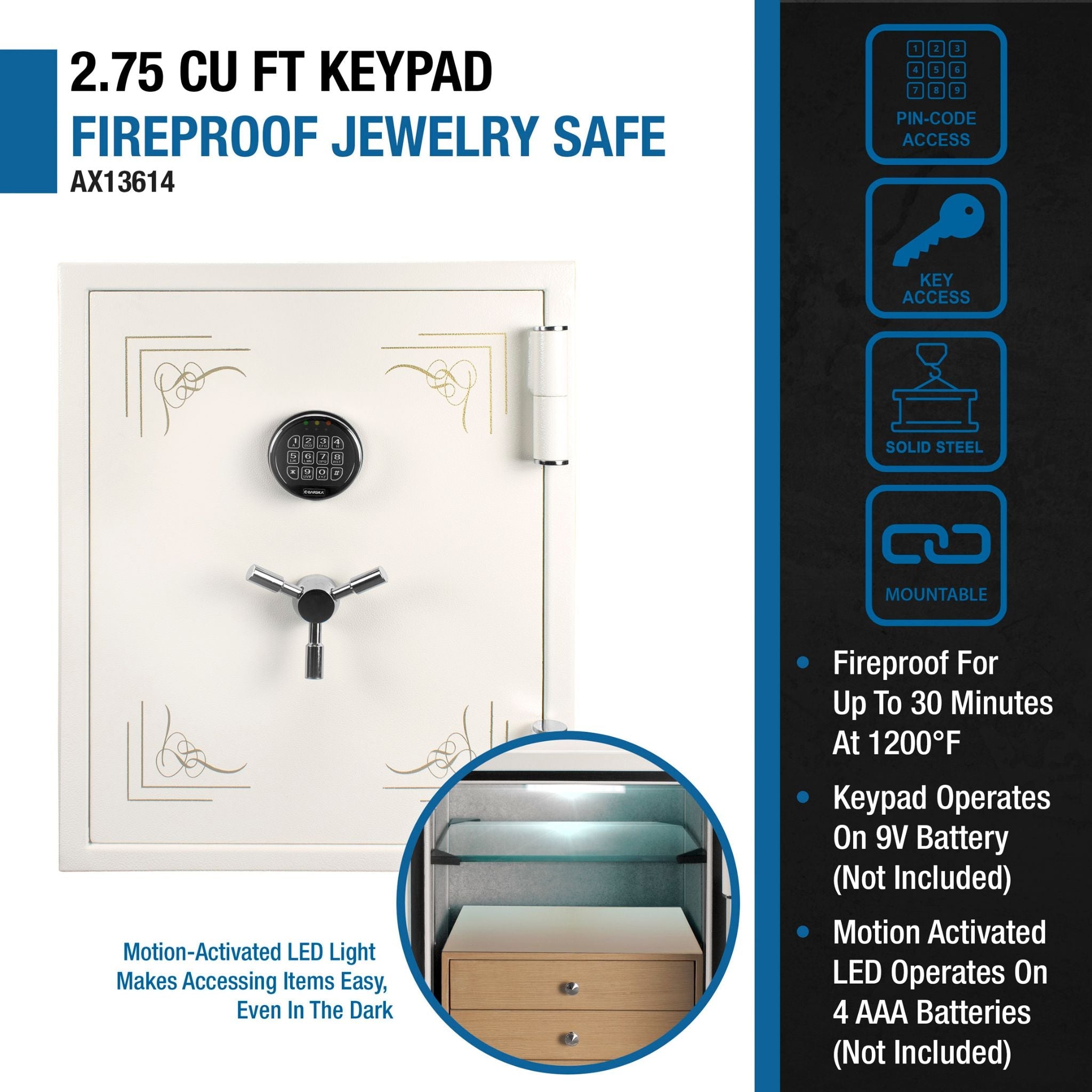 Barska 2.75 CF White Fireproof Jewelry Safe With Jewelry Storage Drawer (SAK69047) – SAKSBY WHOLESALE, view 10