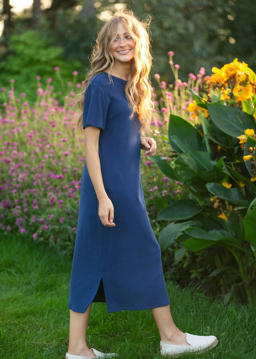 Inherit Co. Baylor Navy Ribbed T-shirt Dress — flat-lay composition