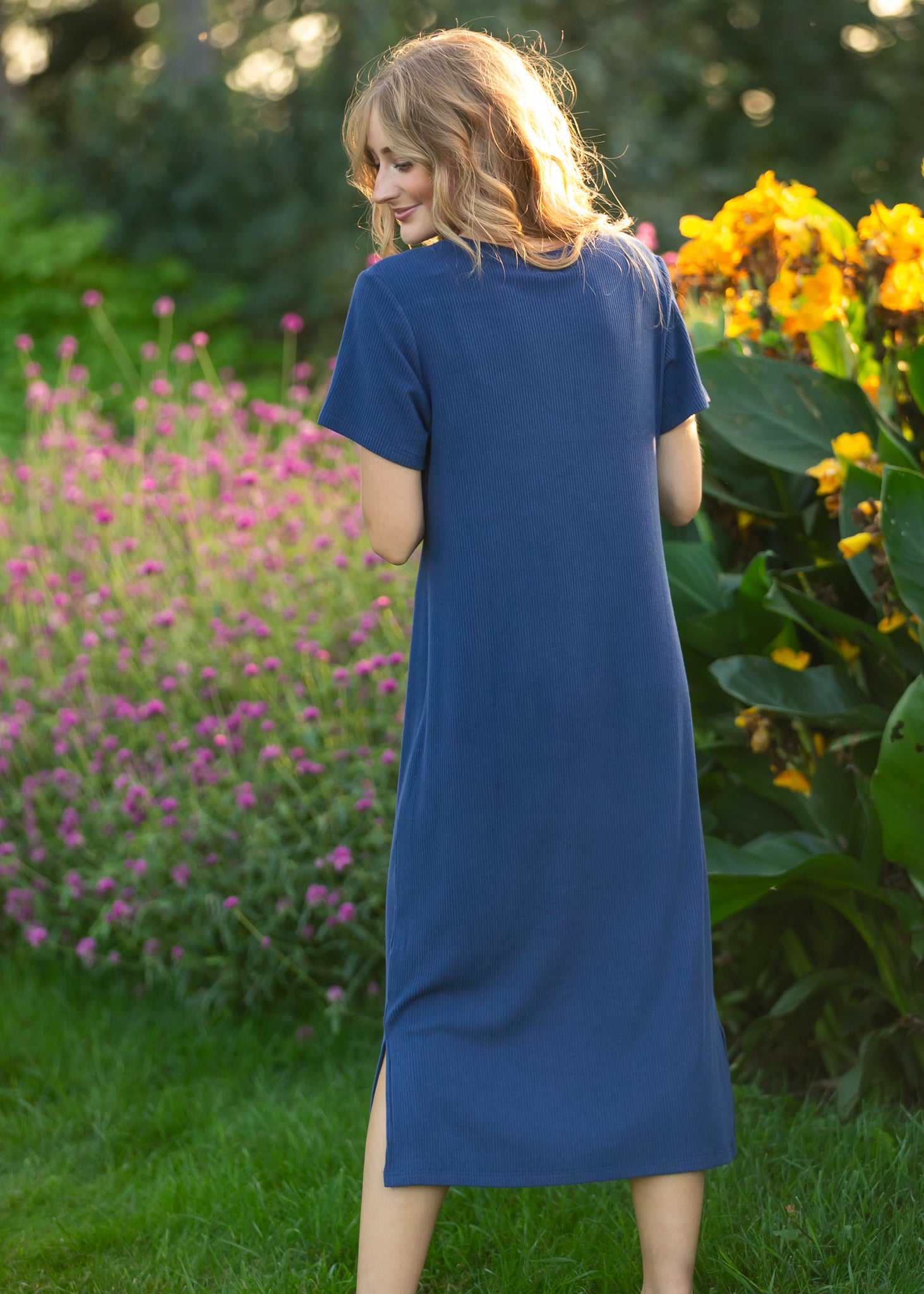 Inherit Co. Baylor Navy Ribbed T-shirt Dress — detail close-up