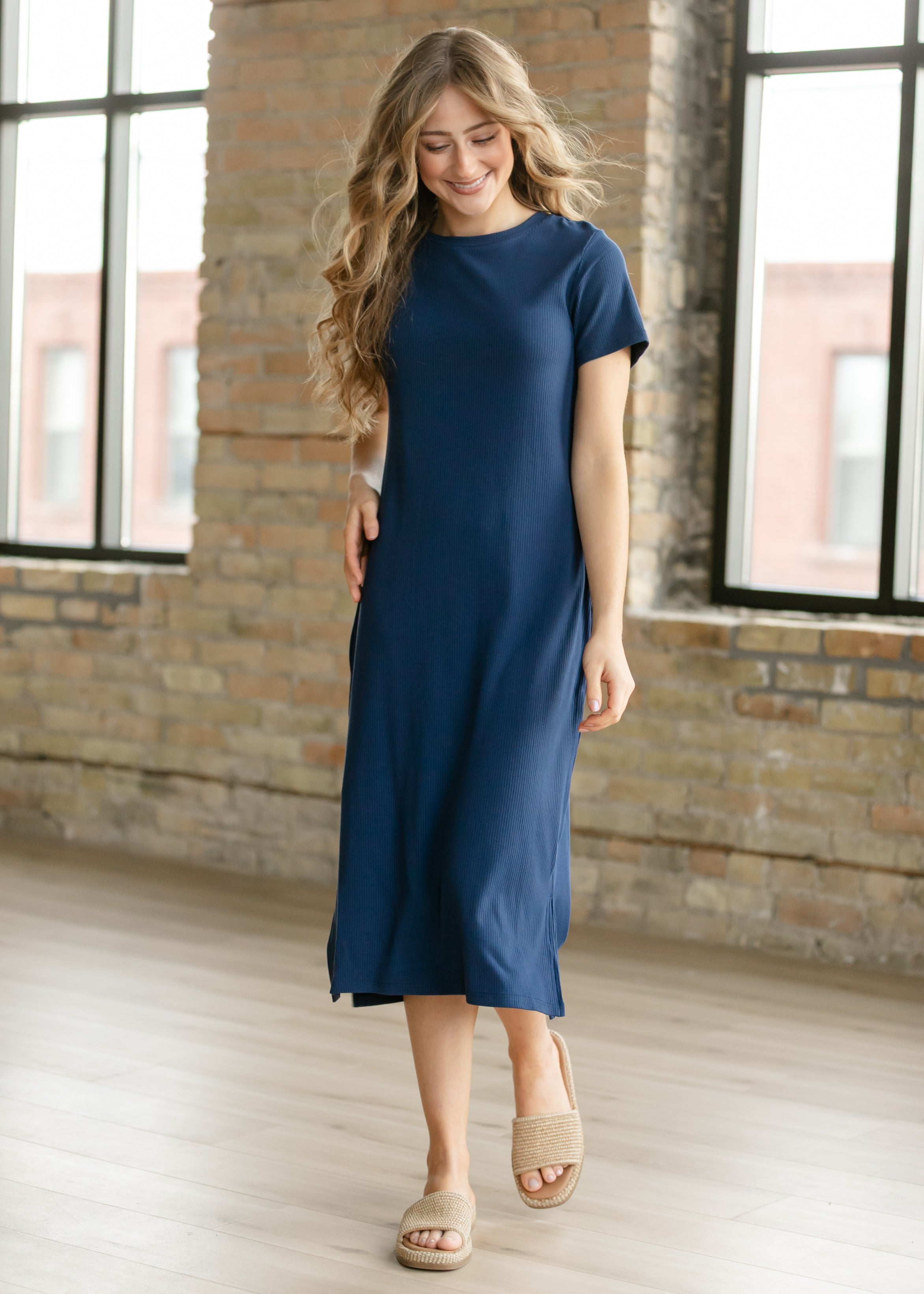 Inherit Co. Baylor Navy Ribbed T-shirt Dress — side view