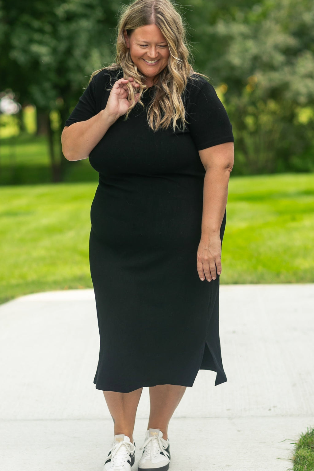 Inherit Co. Baylor Ultra Soft Ribbed T-Shirt Dress — detail close-up