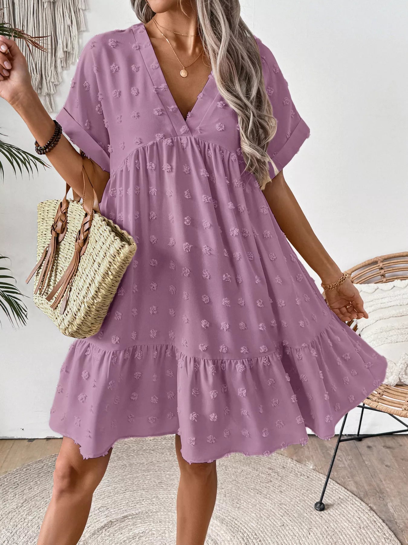 Swiss Dot V-Neck Tiered Mini Dress