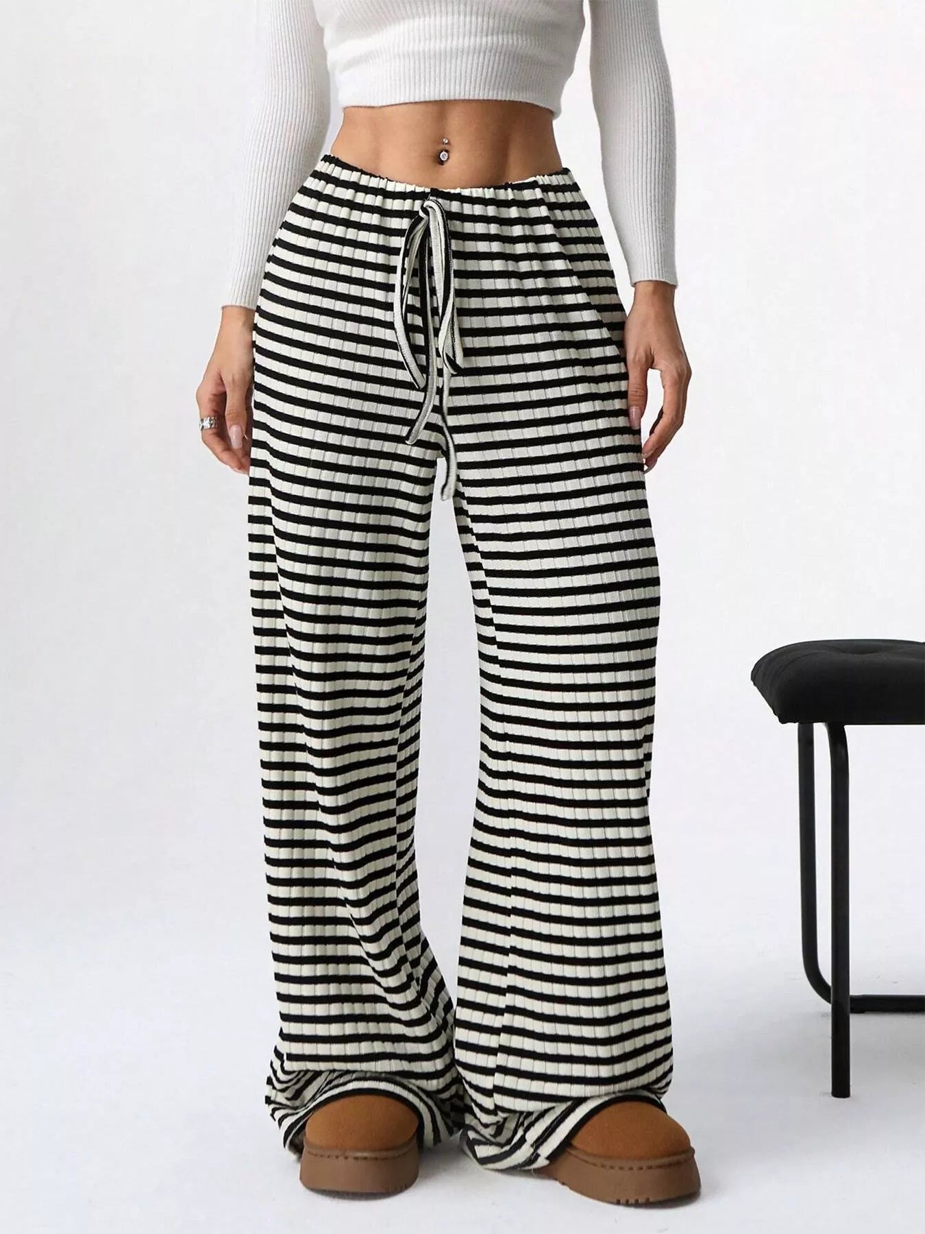 Striped Ribbed Knit Drawstring Waist Wide Leg Pants