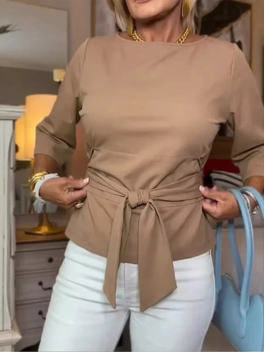 Full Size Tied 3/4 Sleeve Top Plus Size
