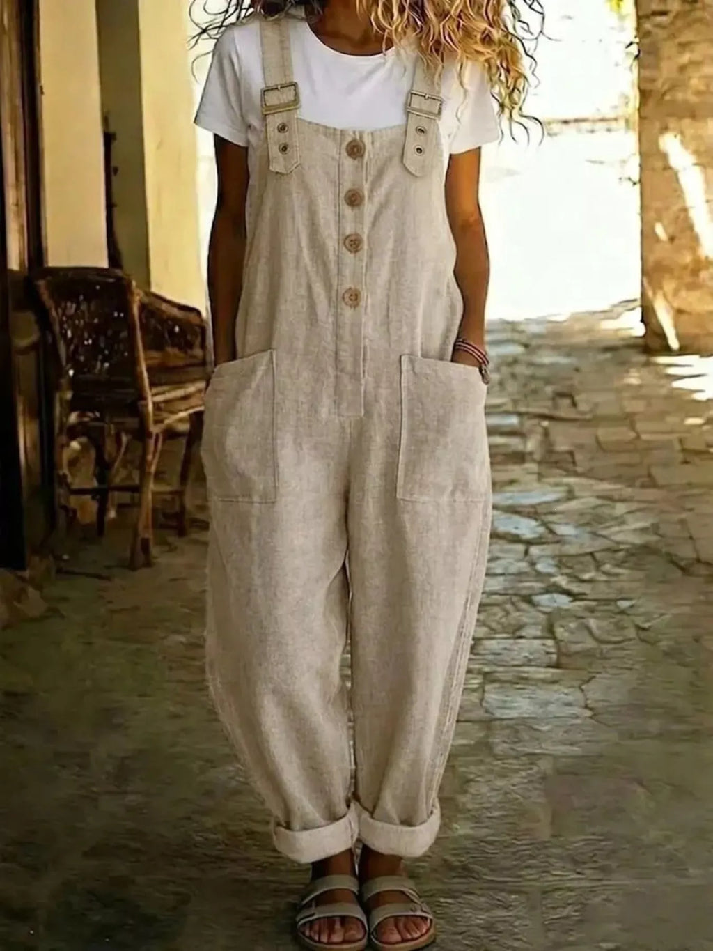 Casual Button Front Wide Leg Overalls
