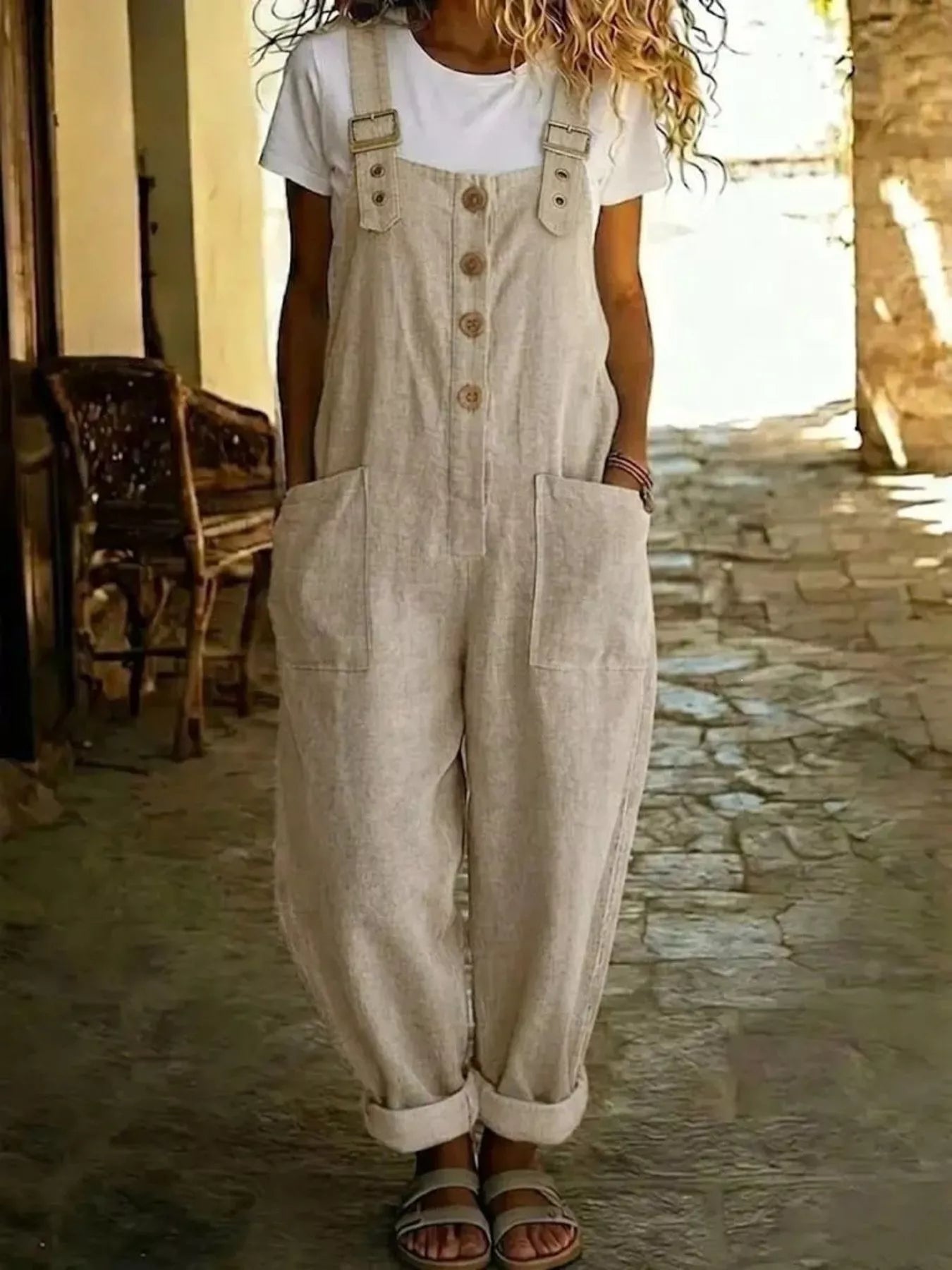 Casual Button Front Wide Leg Overalls