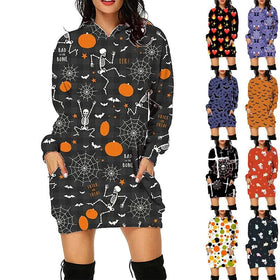 Halloween Print Long Hoodie With Pockets Sweater Long Sleeve Clothes Women