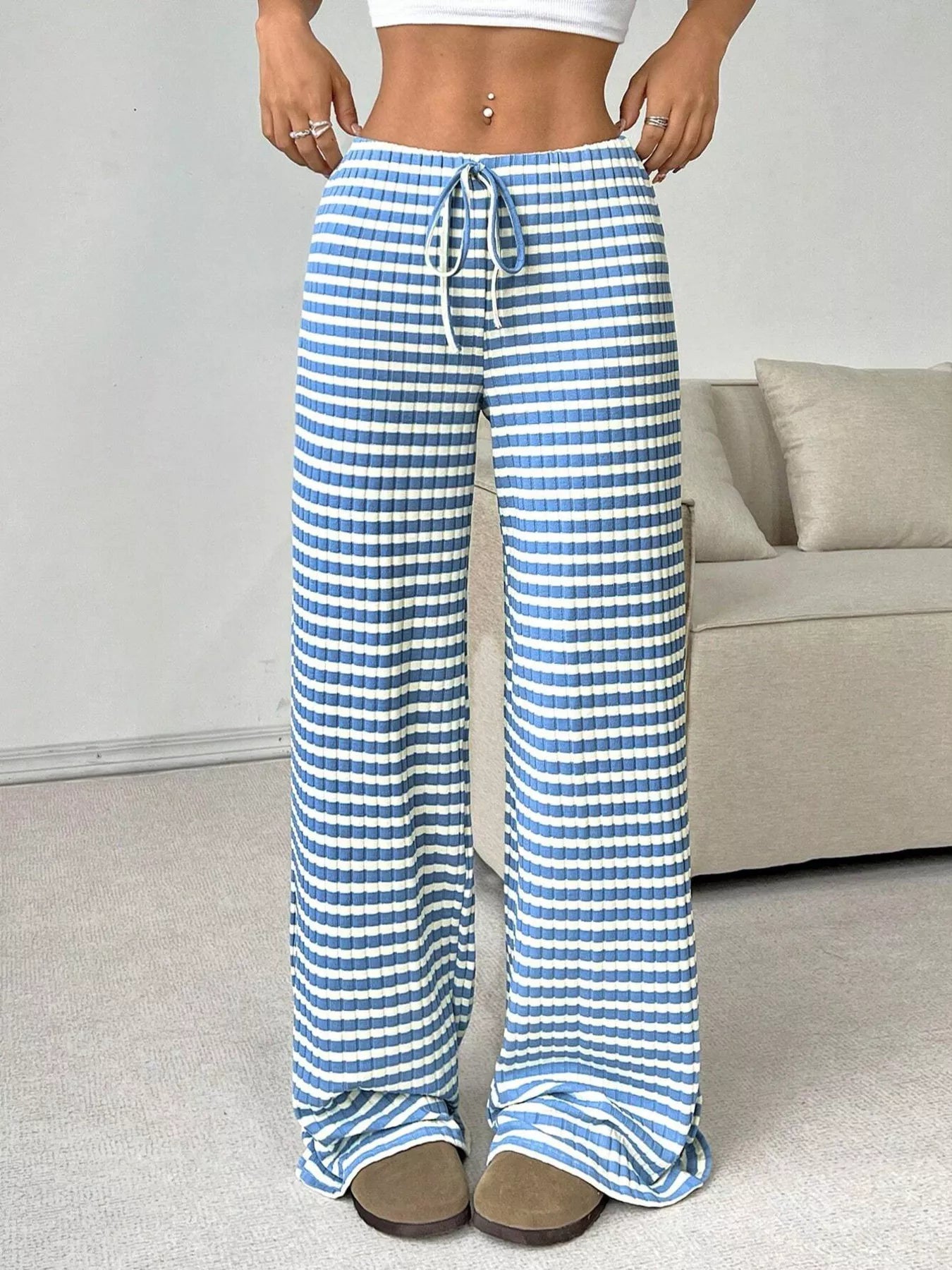 Striped Ribbed Knit Drawstring Waist Wide Leg Pants
