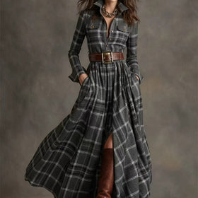 Women's Plus Size Plaid Print Long Sleeve Shirt Dress with Pockets