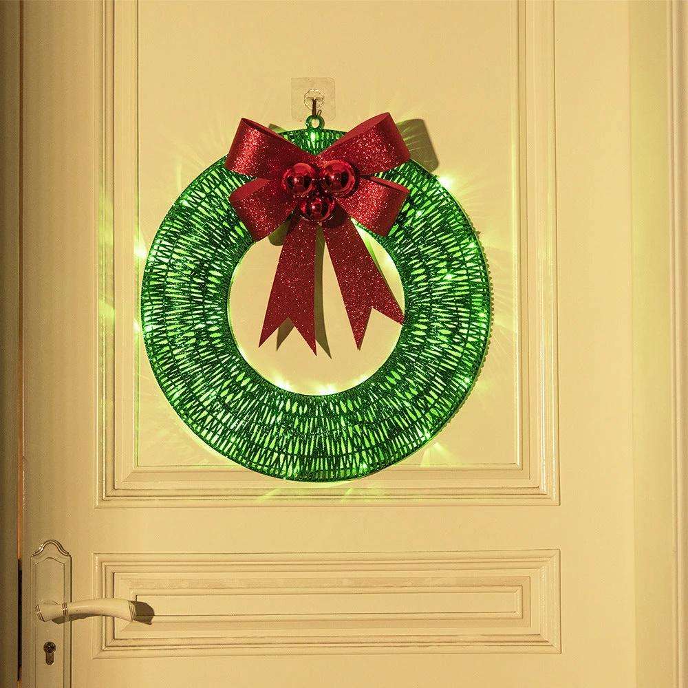 Mandotos Christmas Wreath 50cm Luminous LED Metal Garland Bowknot Front Door Hanging