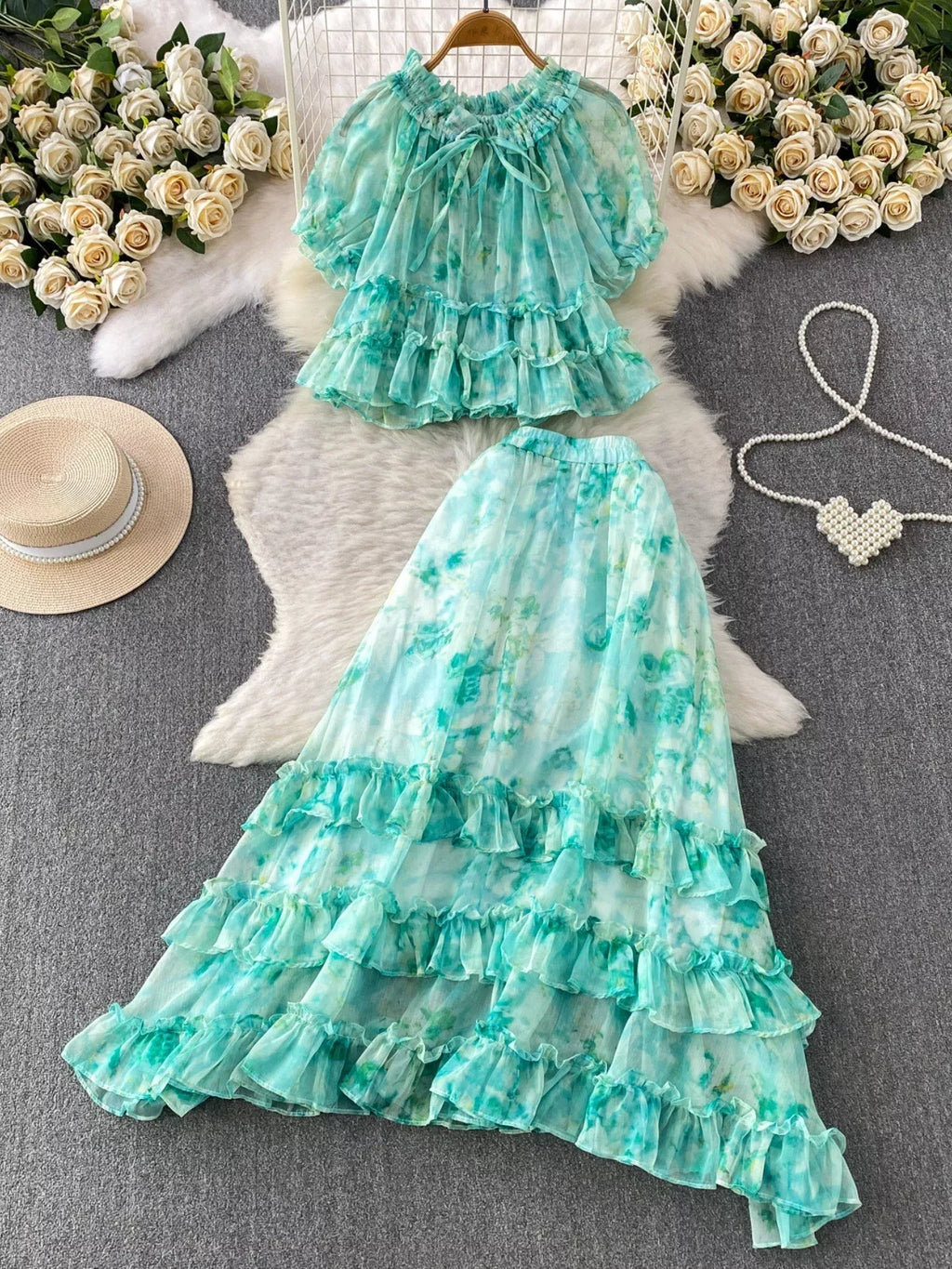 Floral Print Ruffle Hem Blouse and Skirt Set