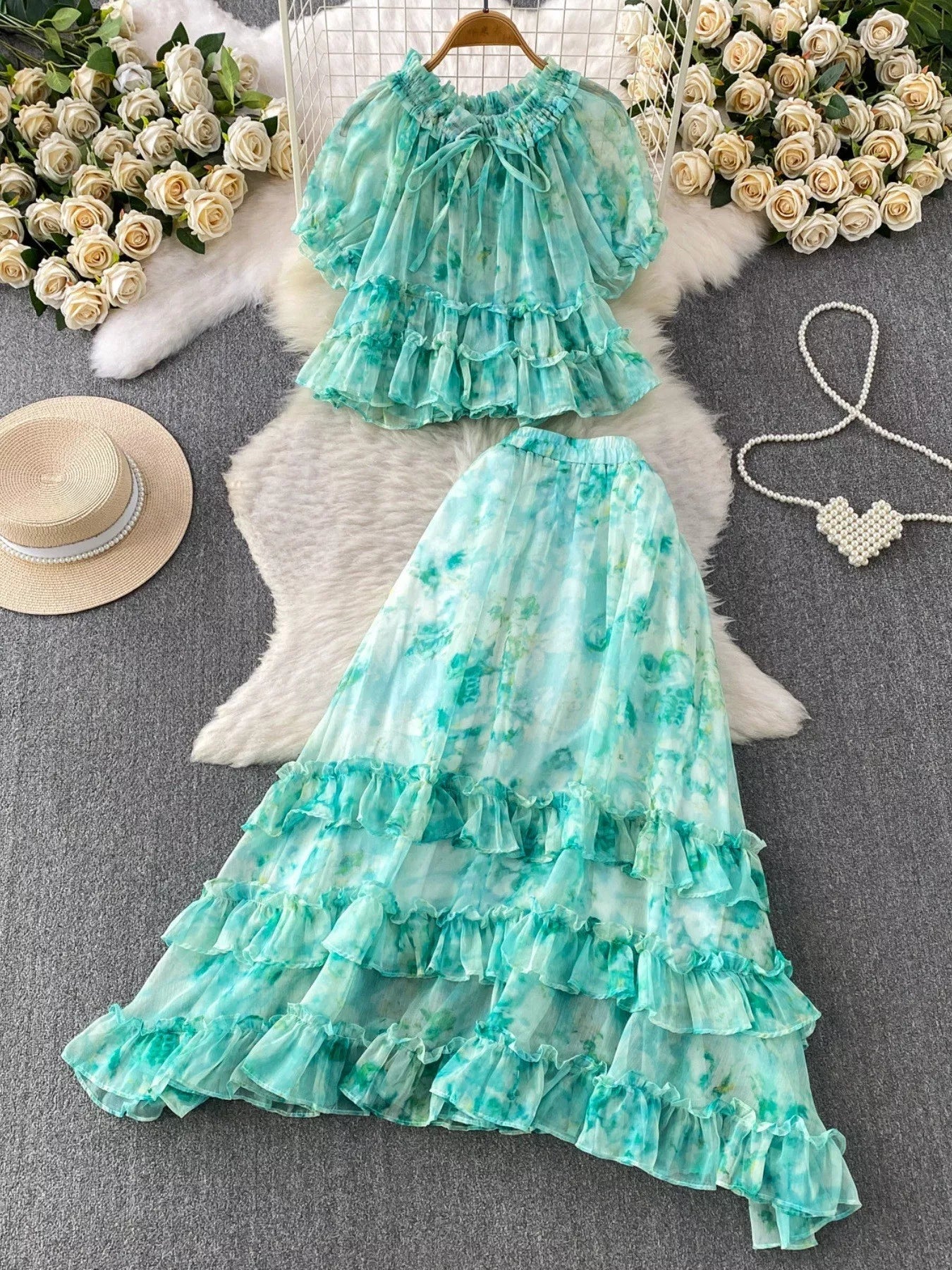 Floral Print Ruffle Hem Blouse and Skirt Set