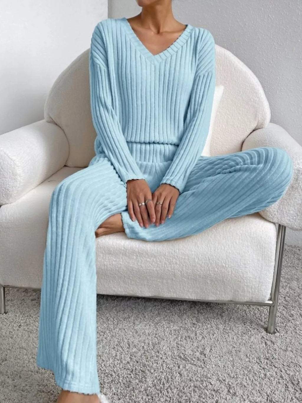 Ribbed Knit V-Neck Top and Pants Set