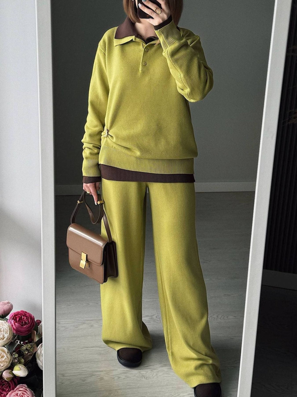 Polo Collar Top and Pants or Skirt Knit Set