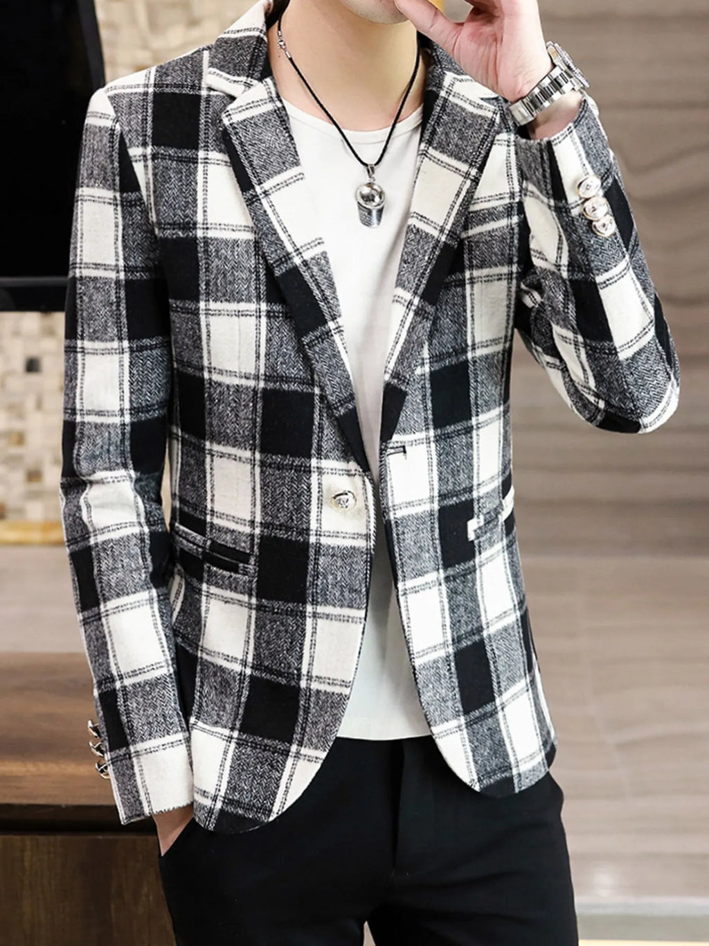 Men's Plus Size Plaid Slim Fit Blazer