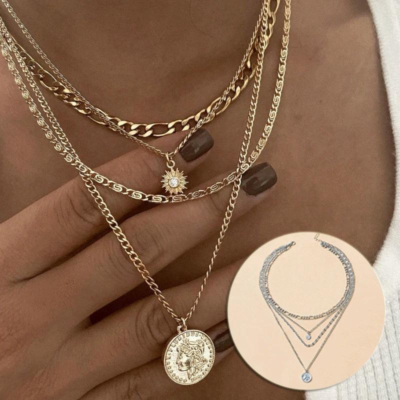 Mandotos Chunky Gold Layered Necklace With Coin Pendant And Sun Charm For Women