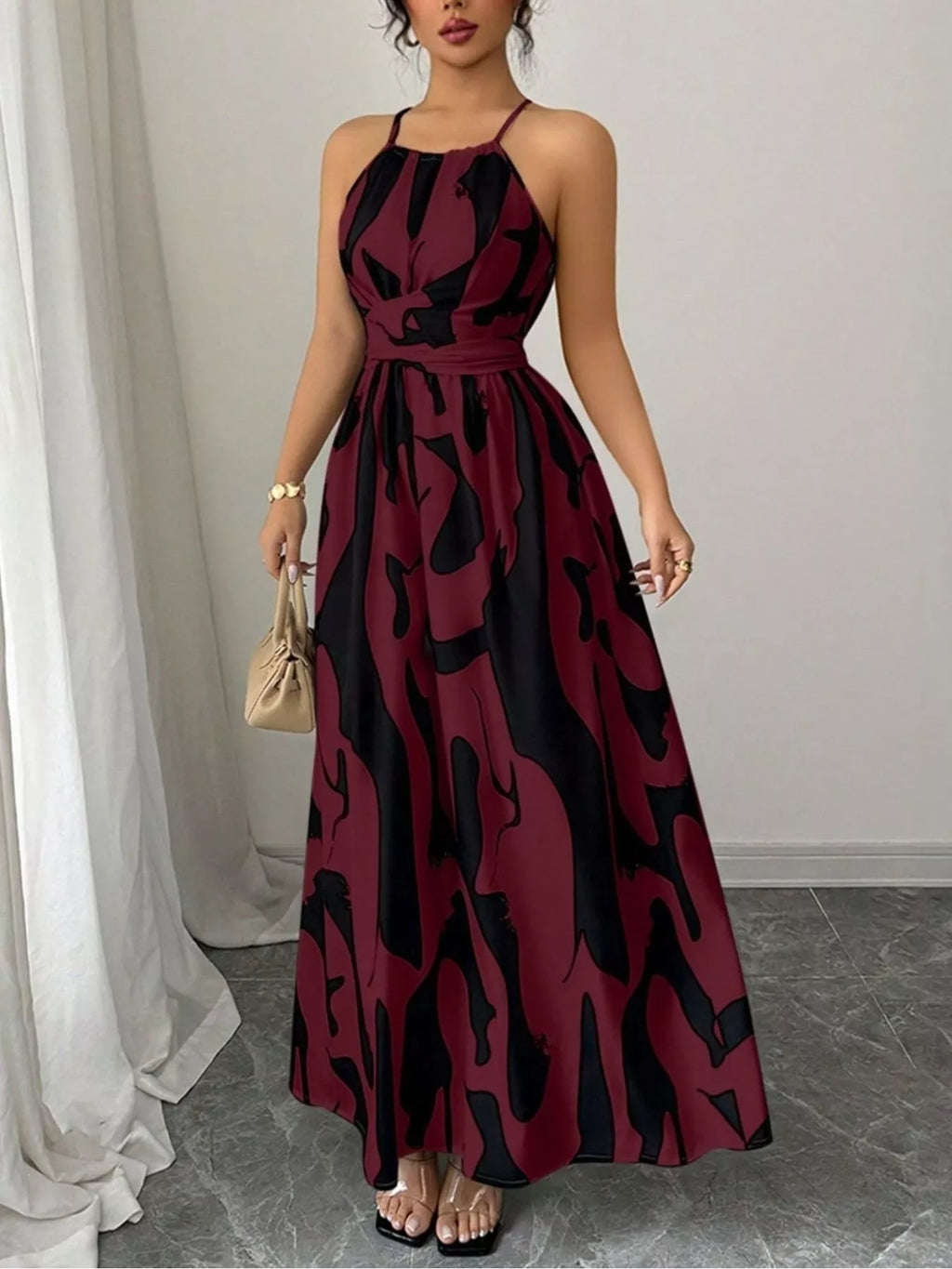 Abstract Print Halter Neck Maxi Dress