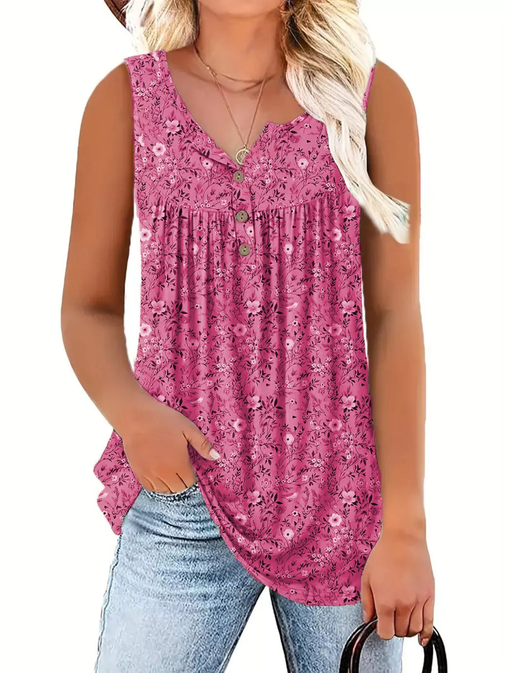 Full Size Floral Print Button Detail Tank Plus Size