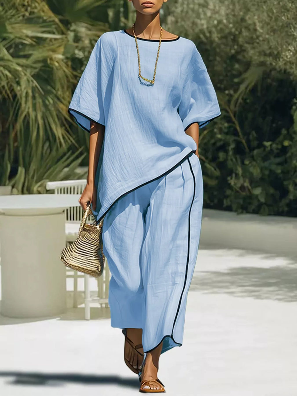 Contrast Trim Round Neck Top and Pants Set