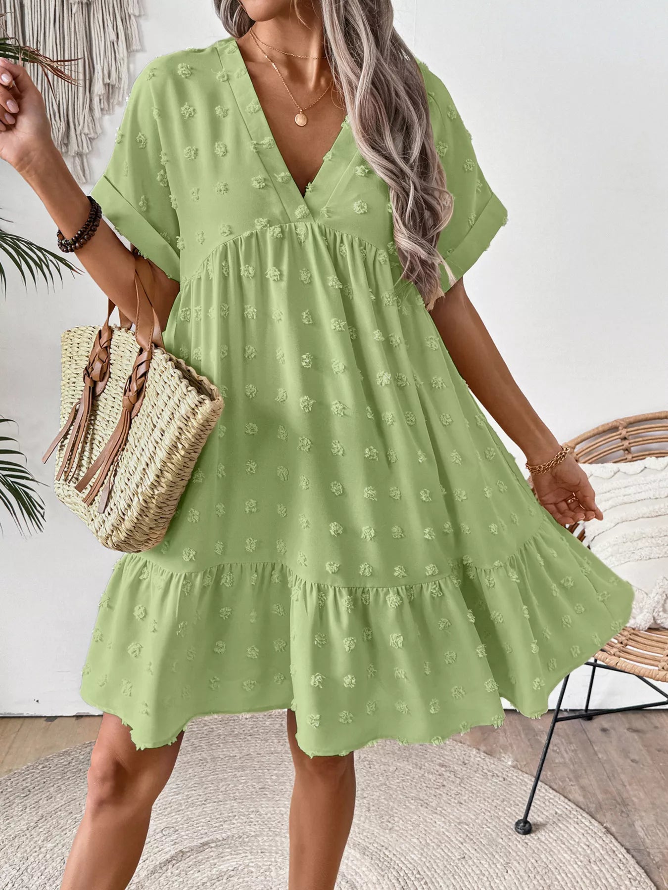 Swiss Dot V-Neck Tiered Mini Dress